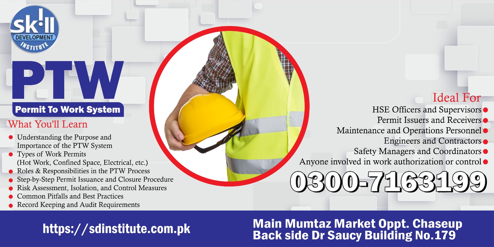 Construction worker holding yellow safety helmet with high visibility vest representing PTW Permit to Work System training course at Skill Development Institute including safety procedures and risk assessment learning.
