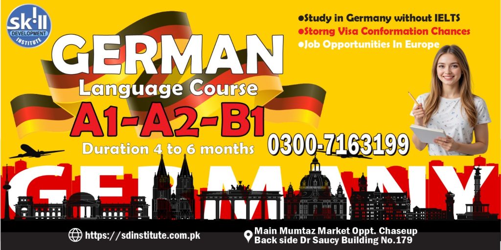 German Language Course A1 A2 B1 poster in Gujranwala Pakistan with Germany flag, study in Germany without IELTS, Europe jobs opportunities and German visa preparation