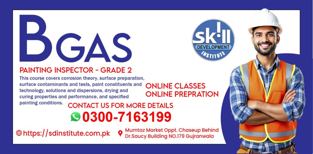BGas Painting Inspector Grade 2 course advertisement featuring a professional safety inspector in PPE, online classes and preparation, coating inspection training, corrosion control, surface preparation, industrial painting technology, and certification in Pakistan.