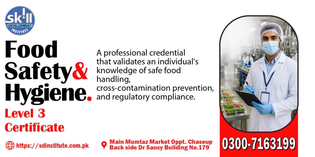 Food Safety & Hygiene Level 3 Certificate course advertisement showing a food safety officer inspecting food production in a modern food processing facility.